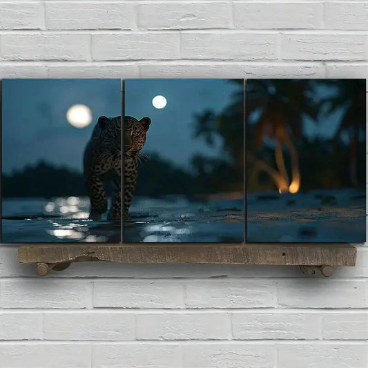 3pcs Leopard Beach Night View Moon Metal Print Ready to Hang Art