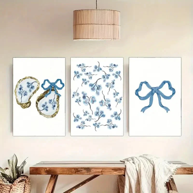 3pcs Elegant Blue Bow & Floral Metal Print Ready to Hang Art