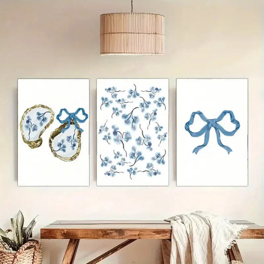 3pcs Elegant Blue Bow & Floral Metal Print Ready to Hang Art