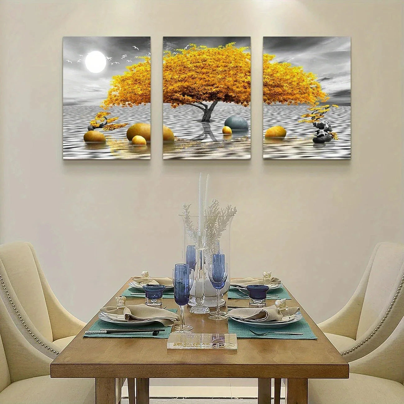 3pcs Abstract Black and White Yellow Tree Metal Print Ready to Hang Art