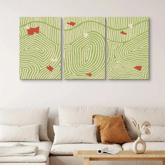 3pcs Geometric Green Spirals & Red Flakes Abstract Metal Print Ready to Hang Art