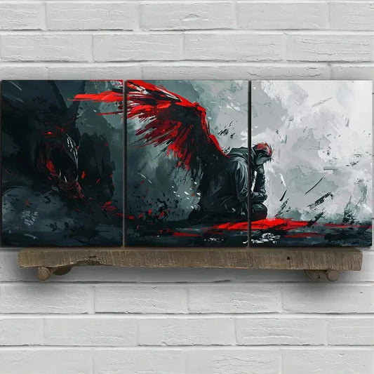 3pcs Triptych Abstract Red and Black Metal Print Ready to Hang Art