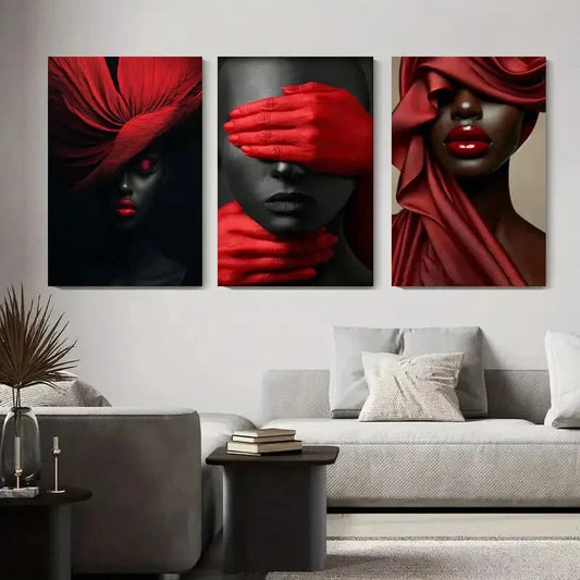 3pcs Abstract Expressionism with Dramatic Red Metal Print Ready to Hang Art