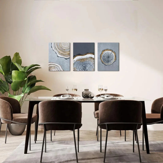3pcs Tree Ring Wilderness Golden Blue Metal Print Ready to Hang Art