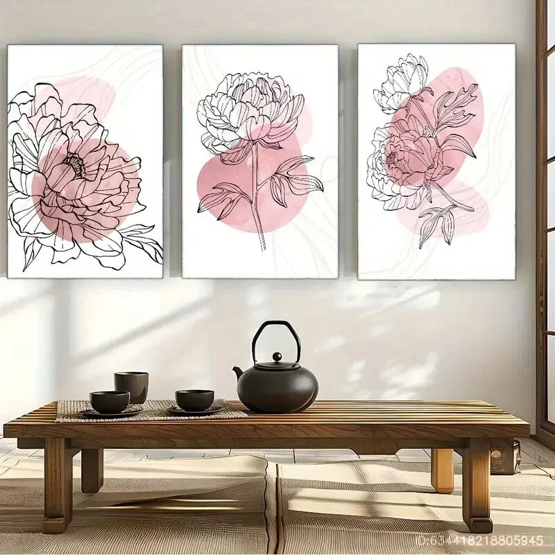 3pcs Pink Rose & Leaf Designs Metal Print Ready to Hang Art