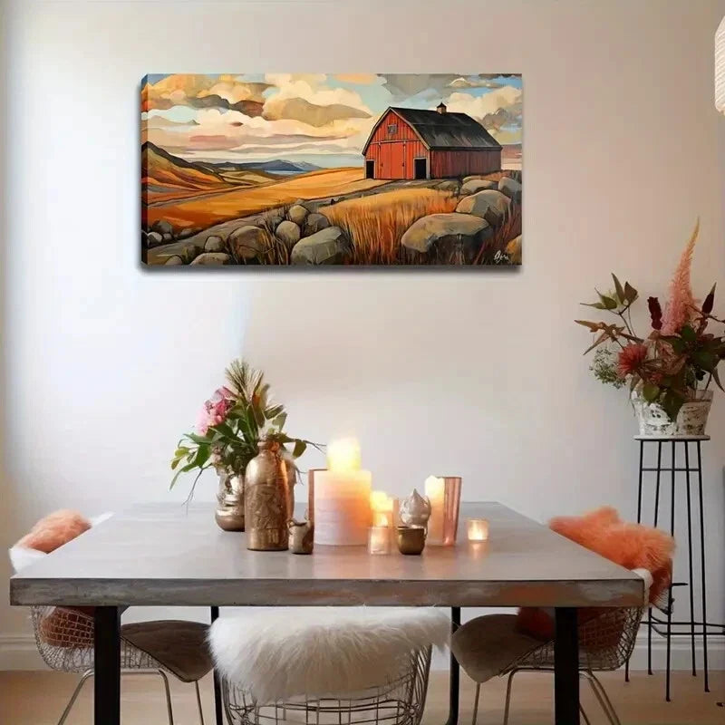 Realistic Style Red Barn Gold Wall Art Canvas Office Home Room Framed 80x45cm