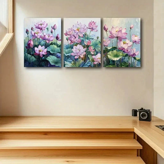 3pcs Pink for Lotus Flowers Design Metal Print Ready to Hang Art