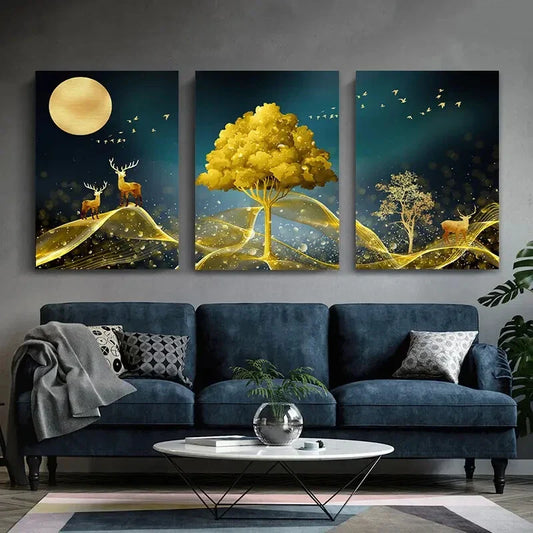 3pcs Golden Deer and Tree Enchanted Forest Metal Print Ready to Hang Art