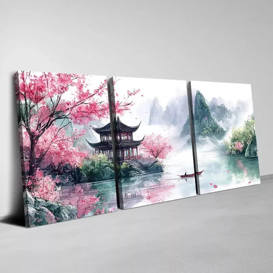 3pcs Traditional Chinese Landscape Serene Nature Wall Art Set Canvas Framed 40x60cm - High Quality Print 100% Australian Made Wall Canvas Ready to Hang