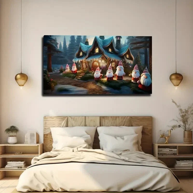 Mushroom Houses And Gnomes Wall Art Canvas Office Home Room Framed 80x45cm