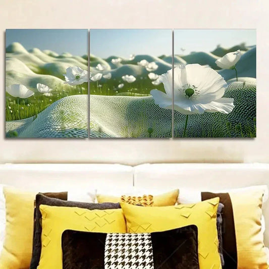 3pcs White Poppy Field Flowers Wall Art Set Canvas Framed 40x60cm - High Quality Print 100% Australian Made Wall Canvas Ready to Hang
