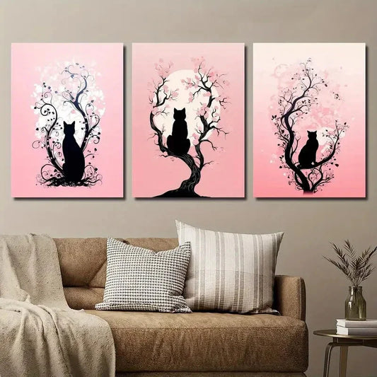 3pcs Black Cat & Pink Cherry Blossoms Abstract Metal Print Ready to Hang Art