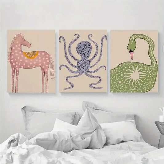 3pcs Horses, Egret Birds, And Other Animal Pattern Metal Print Ready to Hang Art