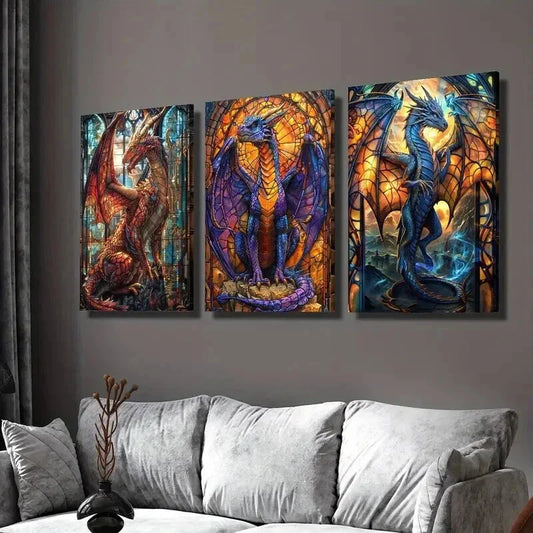 3pcs Vibrant Majestic Dragon Paintings Wall Art Set Canvas Framed 40x60cm - High Quality Print 100% Australian Made Wall Canvas Ready to Hang