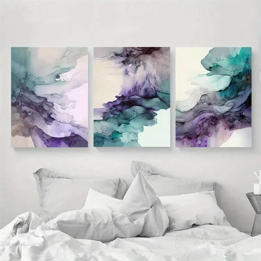 3pcs Violet Teal Watercolor Abstract Metal Print Ready to Hang Art