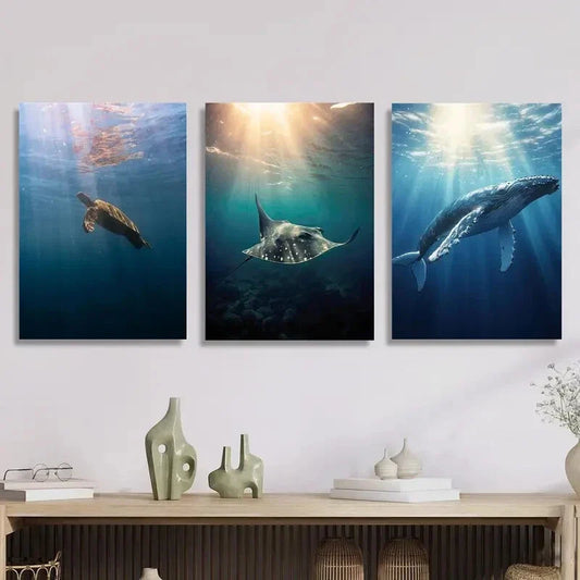 3pcs Blue Deep Sea Animals Modern Wall Art Metal Print Ready to Hang Art