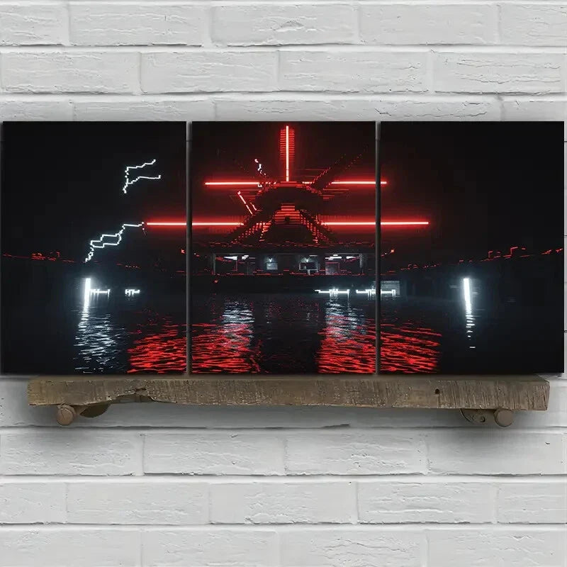 3pcs Modern Abstract Red & Black Lightning Storm Metal Print Ready to Hang Art