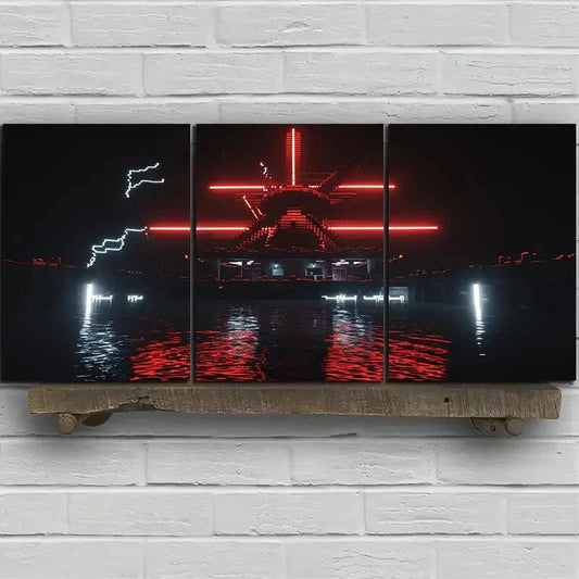 3pcs Modern Abstract Red & Black Lightning Storm Metal Print Ready to Hang Art