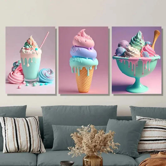 3pcs Vibrant Ice Cream Colorful Dessert  Metal Print Ready to Hang Art