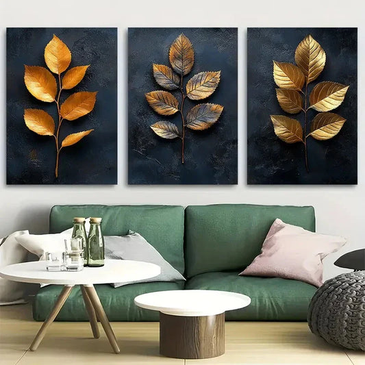 3pcs Abstract Golden and Black Leaves Design Metal Print Ready to Hang Art