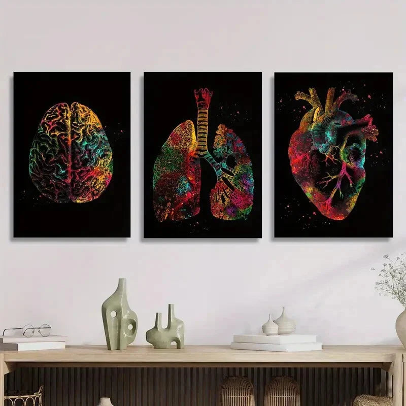 3pcs Brain, lungs and heart, abstract color Metal Print Ready to Hang Art