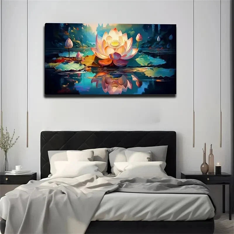 Vibrant Lotus Flower Wall Art Canvas Office Home Room Framed 80x45cm