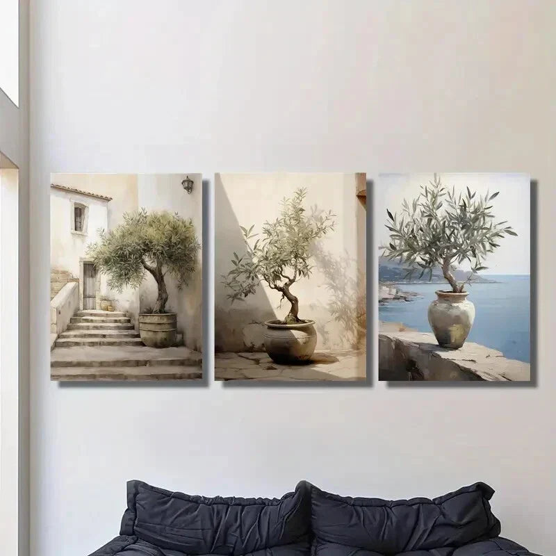 3pcs Tuscany beach, olive tree artwork, Metal Print Ready to Hang Art