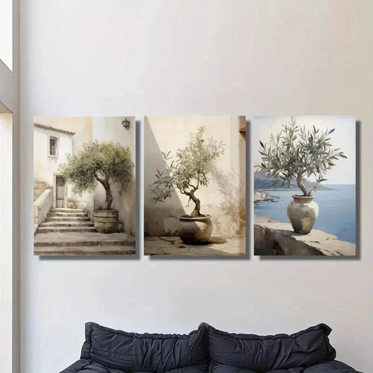 3pcs Tuscany beach, olive tree artwork, Metal Print Ready to Hang Art