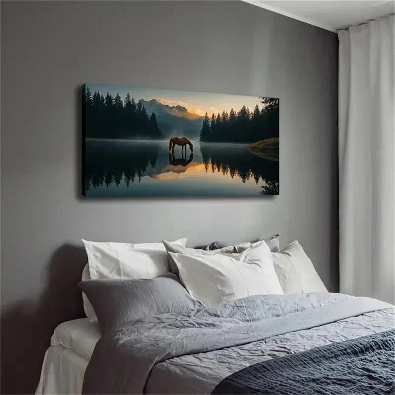 A Horse In A Peaceful Lake Wall Art Canvas Office Home Room Framed 120x60cm