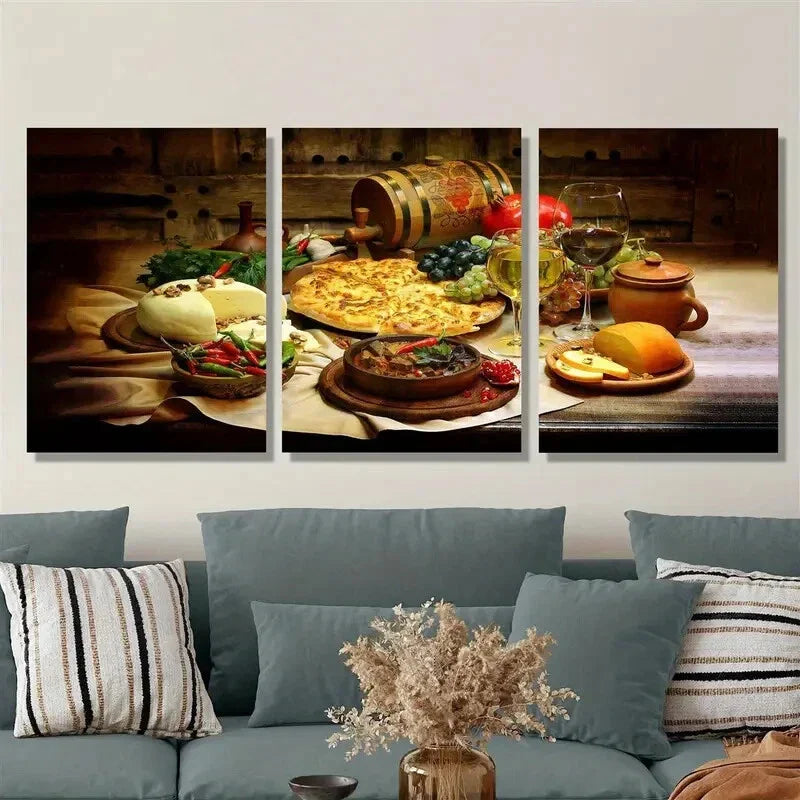 3pcs Georgian cuisine, pizza cheese and wine Metal Print Ready to Hang Art