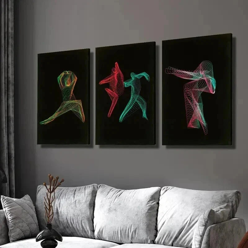 3pcs Dance Art with Neon Lines and Bright Colors Wall Art Set Canvas Framed 40x60cm - High Quality Print 100% Australian Made Wall Canvas Ready to Hang