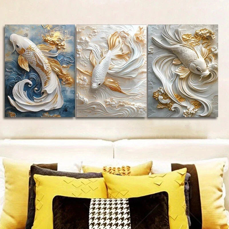 3pcs Goldfish in The Water Luxurious Textured Metal Print Ready to Hang Art