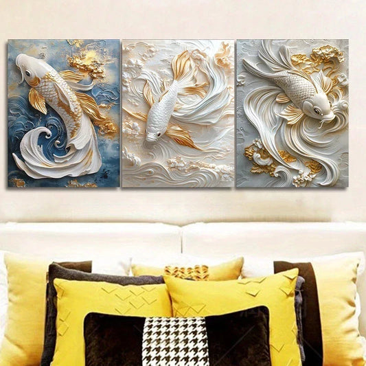 3pcs Goldfish in The Water Luxurious Textured Metal Print Ready to Hang Art