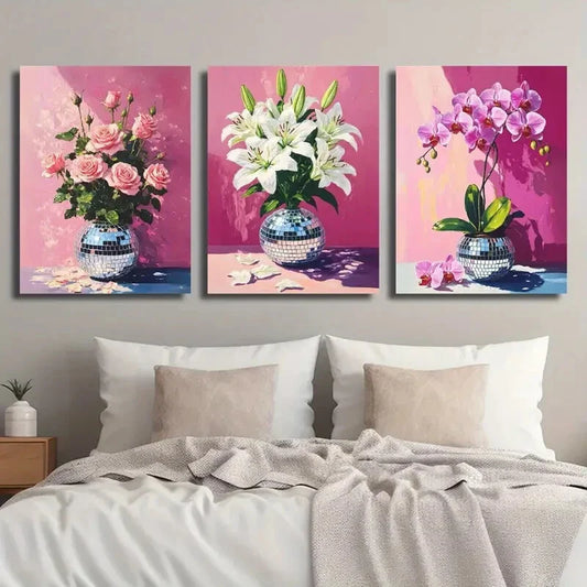 3pcs Vintage Pink Vibrant Botanical Floral Metal Print Ready to Hang Art