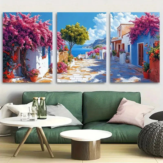 3pcs Sunny Mykonos Charm with Bougainvillea Metal Print Ready to Hang Art