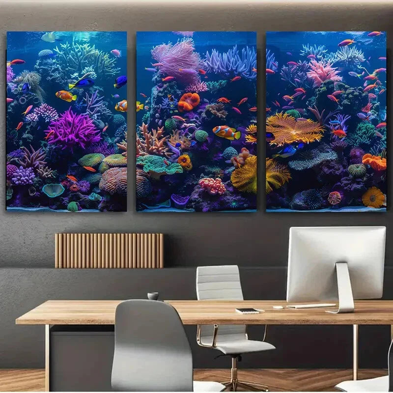 3pcs Vibrant Coral Reef Colourful Florals Metal Print Ready to Hang Art