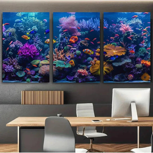 3pcs Vibrant Coral Reef Colourful Florals Metal Print Ready to Hang Art