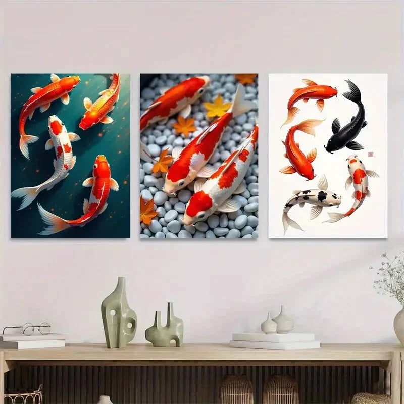 3pcs Colorful Koi Fish Modern Picture Wall Art Set Canvas Framed 40x60cm - High Quality Print 100% Australian Made Wall Canvas Ready to Hang