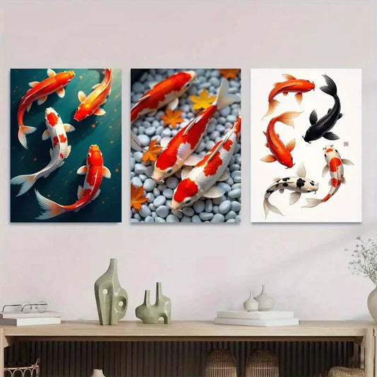 3pcs Colorful Koi Fish Modern Picture Wall Art Set Canvas Framed 40x60cm - High Quality Print 100% Australian Made Wall Canvas Ready to Hang