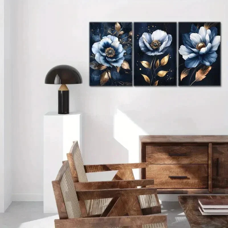 3pcs Blue Flowers Golden Leaves Decoration Metal Print Ready to Hang Art