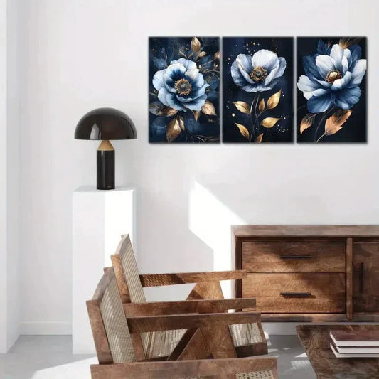 3pcs Blue Flowers Golden Leaves Decoration Metal Print Ready to Hang Art