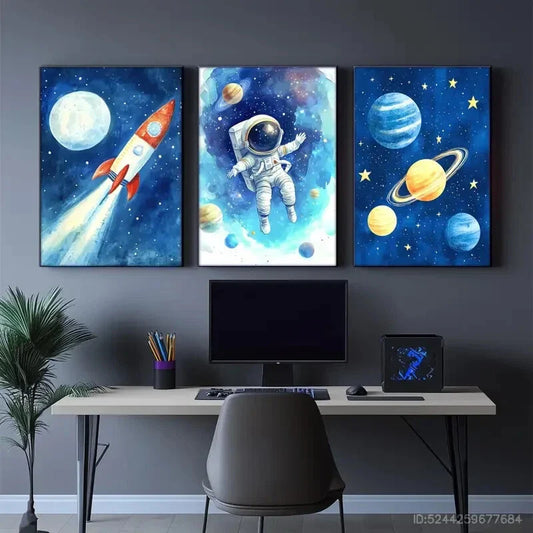 3pcs Vibrant Blue Starry Sky Planets & Stars Metal Print Ready to Hang Art