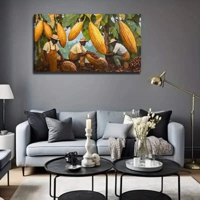 Cocoa Plantation Workers Wall Art Canvas Office Home Room Framed 80x45cm
