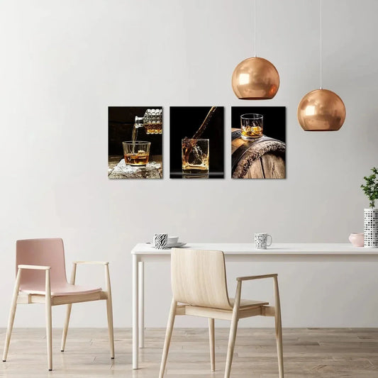 3pcs Vintage Whisky Wine Barrels Glass Metal Print Ready to Hang Art