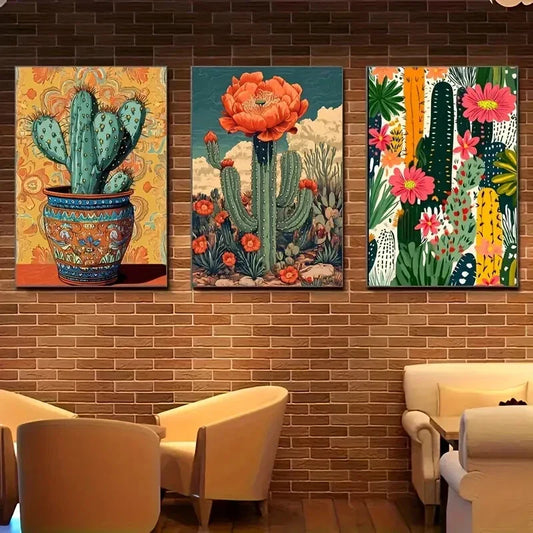 3pcs Vintage Mexican Cactus and Flower Metal Print Ready to Hang Art
