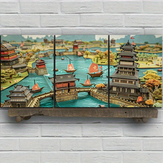 3pcs Traditional Chinese Architecture Metal Print Ready to Hang Art