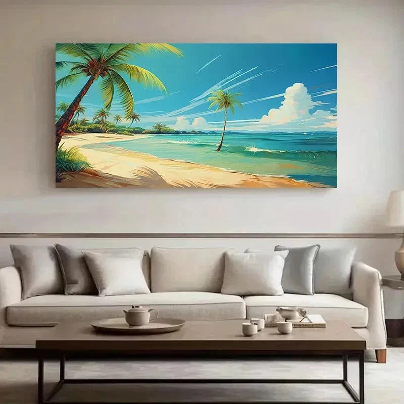 Blue Sea Palm Trees Sunlit wall canvas office home room framed 120x60cm