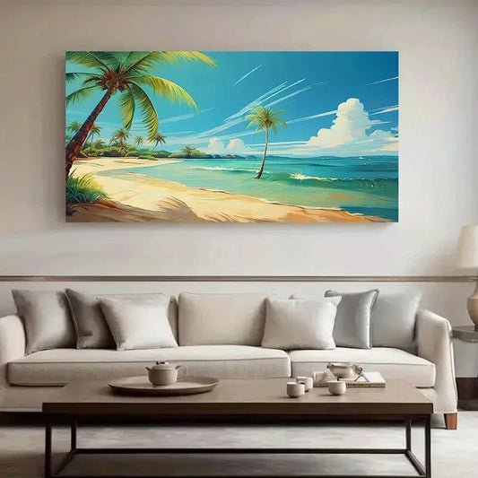 Blue Sea Palm Trees Sunlit wall canvas office home room framed 120x60cm