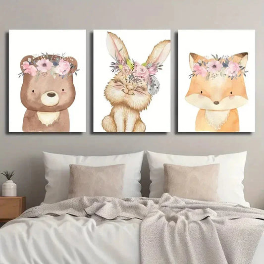 3pcs Animal Murals Cartoon Cute Rabbit Bear Metal Print Ready to Hang Art