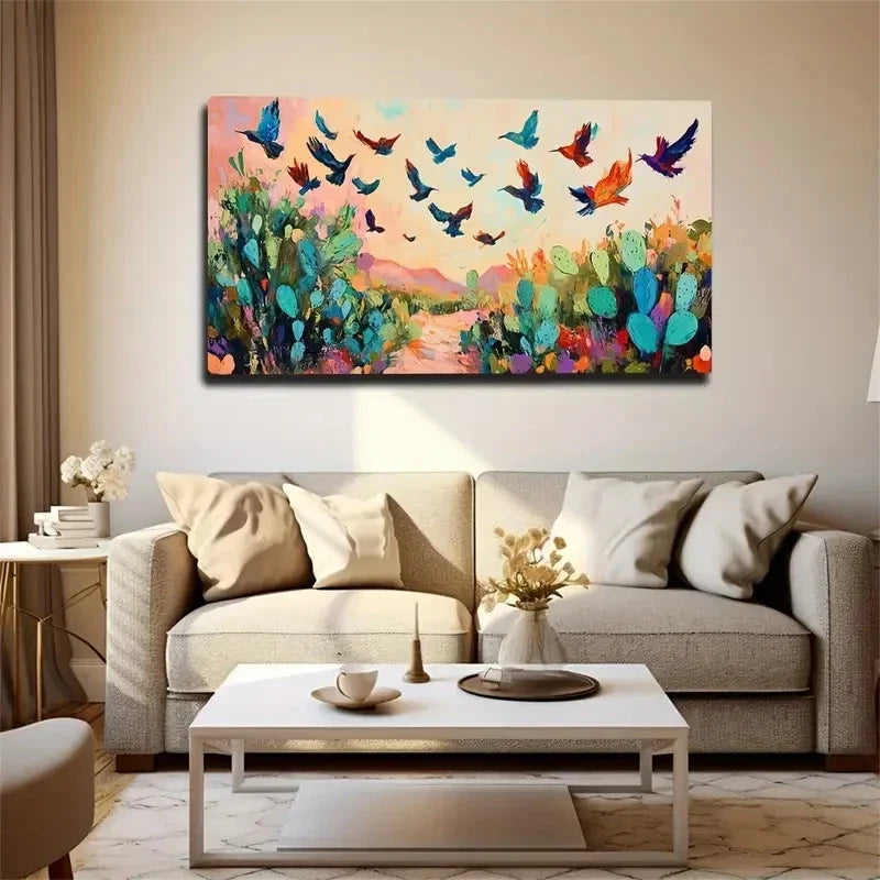 Cactus & Flying Birds Décor Wall Art Canvas Office Home Room Framed 120x60cm